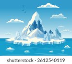 A vector illustration of a cold arctic landscape featuring a large iceberg surrounded by ocean water, floating ice chunks, and a clear blue sky with clouds and birds