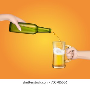 Vector illustration of a cold barley beer pouring from a bottle into a transparent glass in a realistic style.