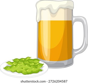 Ilustración vectorial de una taza de cerveza fría con espuma y edamame verde sobre fondo blanco