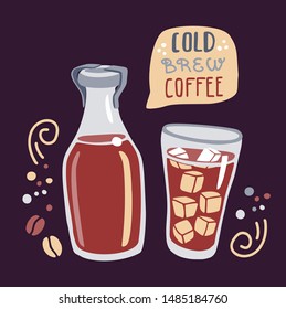 Vector illustration Cold brew coffee with a brewing bottle and glass of iced coffee with ice cubes. Cute decorative swirls and dots.Modern card or poster design for cafe, restaurant, bar menu design.