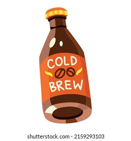 Vector illustration of cold brew coffee. Delicious drink in glass bottle. Orange; yellow, brown, beige colors. Hand drawn cartoon flat vector illustration