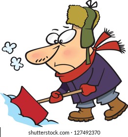 A vector illustration of cold cartoon man shoveling snow
