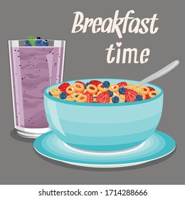 Vector illustration of cold cereal and smoothie for breakfast