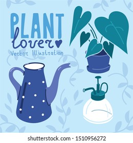vector illustration in cold colors a set of images of a plant lover, watering can, potted flower, anthurium, spray bottle, leaves