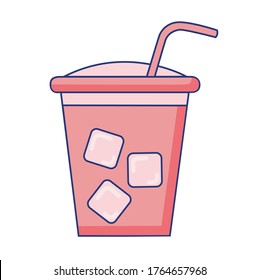 Vector illustration with cold drink (lemonade, juice, cola, soda, water) in glass with slice of lemon tube and ice. Flat design vector icon. Soft color image. Line art style. Cartoon picture.