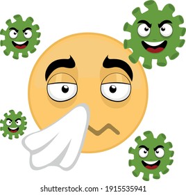 Ilustración vectorial del emoticono frío usando un pañuelo y rodeado por personajes de coronavirus de dibujos animados