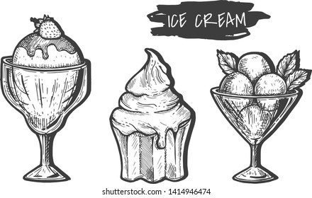 Vector illustration of cold refreshing dessert set. Three different ice creams dessertsin a bowls. Vintage hand drawn style.