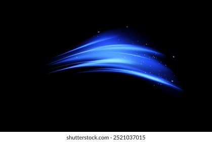 Vector illustration of cold wind flow effect on isolated black background. Icy air flow direction in glowing blue color with sparkling particles. Abstract motion trace. Design element.