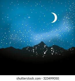 Vector illustration of cold winter night and moon above mountain tops.