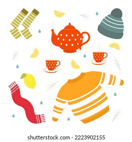 Vector illustration. Coldection of autumn icons. Clothes, hot tea with lemon