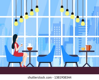 Vector Illustration Collaboration Space Cartoon. Space for Work, Ideas and Creativity. Girl Sits in Modern Coworking Lounge Area with Panoramic Window and Drinks Drinks. Cartoon Flat.