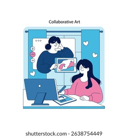 Vector illustration of a collaborative digital art session with two individuals engaging in creative work. They share artwork on a digital screen, expressing creativity and cooperation.