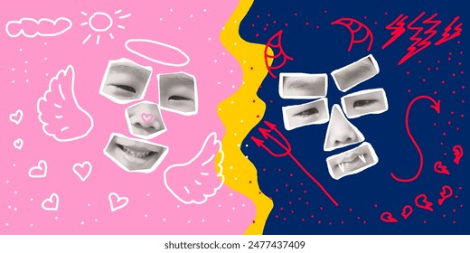 Vector illustration, collage of a child depicting two contrasts of good and evil. On one side is a kind, smiling child, on the other is a gloomy, evil image, emphasizing the duality of the character