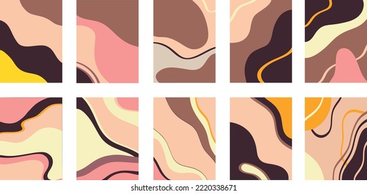 Vector illustration of collage of creative paintings with colorful abstract swirls and lines against white background