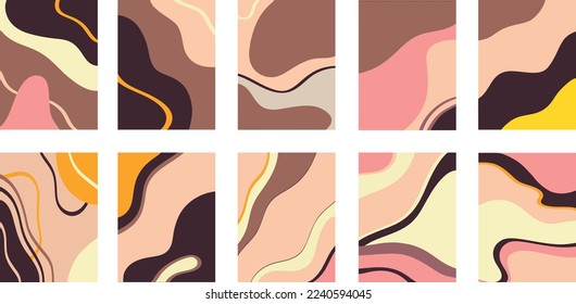 Vector illustration of collage of creative paintings with colorful abstract swirls and lines against white background