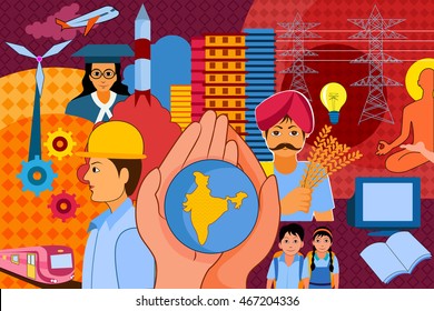 vector illustration of collage displaying progress and development of India