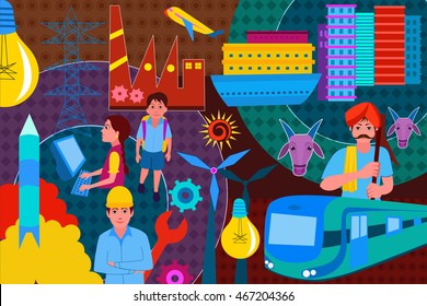 vector illustration of collage displaying progress and development of India
