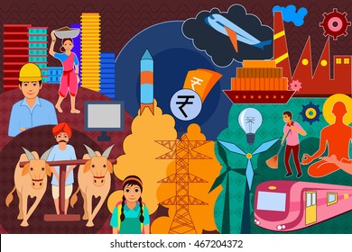 vector illustration of collage displaying progress and development of India