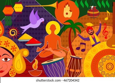 vector illustration of collage displaying rich cultural heritage of India