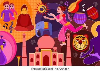 vector illustration of collage displaying rich cultural heritage of India