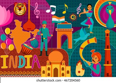 vector illustration of collage displaying rich cultural heritage of India