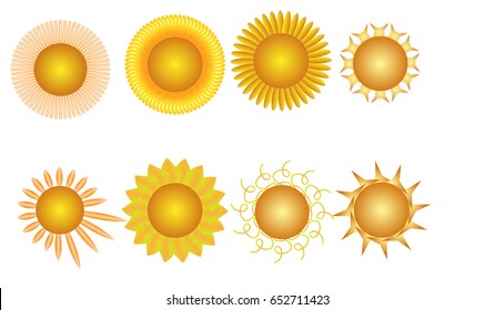 Vector illustration collage of eight bright yellow suns with rays of different shapes and sizes on a white background