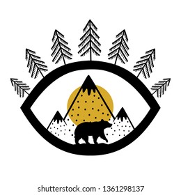 Vector illustration with collage eye - spruce like eyelashes and yellow sun as pupil. Doodle mountains and walking bear silhouette. Inspirational outdoor print design