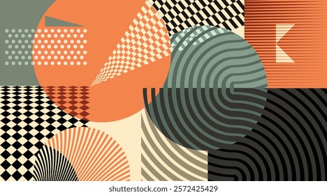 Vector illustration of a collage featuring geometric forms, shapes, and patterns, creating a visually striking composition.