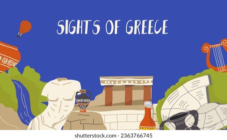 Vector illustration, collage, of hand-drawn landmarks, landmarks, symbols, sights of Greece in doodle style. Tourism, travel.