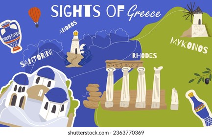 Vector illustration, collage, of hand-drawn landmarks, landmarks, symbols, sights of Greece in doodle style. Tourism, travel.
