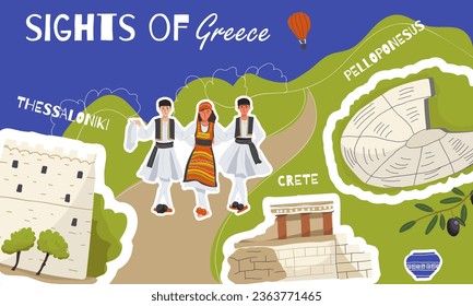 Vector illustration, collage, of hand-drawn landmarks, landmarks, symbols, sights of Greece in doodle style. Tourism, travel.