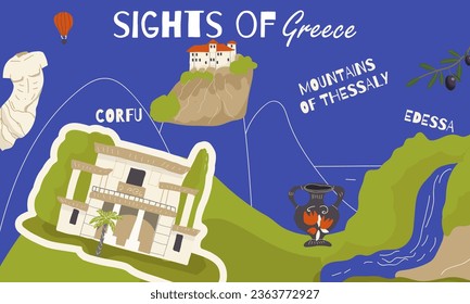 Vector illustration, collage, of hand-drawn landmarks, landmarks, symbols, sights of Greece in doodle style. Tourism, travel.