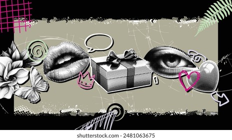 The vector illustration collage includes a gift box, heart, female lips, and butterfly, making it perfect for social media, blogs, and web design.