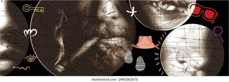 Vector illustration collage of: The close-up of a person's intense stare, marked by a single gazing eye, unmistakably identified them as a spy, accentuated by the curl of smoke from a smoldering cigar