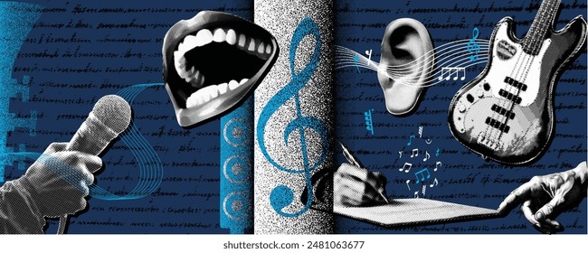 The vector illustration collage of: The essence of singing a melodious song, featuring musical notes, a microphone in hand, writing a song, and ear-soothing tunes released from the guitar.