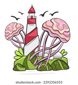 Vector illustration of a collage on a marine theme, a lighthouse and a jellyfish in a cartoon style.