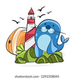 Vector illustration of a collage on a marine theme, a lighthouse and a seal in a cartoon style.