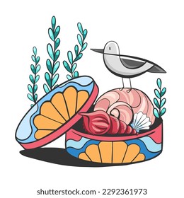 Vector illustration of a collage on the marine theme of shells, sea pebbles and a seagull in a cartoon style.