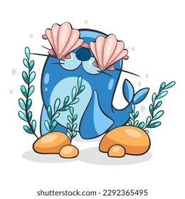 Vector illustration of a collage on the marine theme of shells, sea pebbles and a seal in a cartoon style.