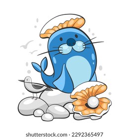 Vector illustration of a collage on the marine theme of shells, sea pebbles and a seal in a cartoon style.