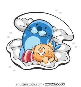 Vector illustration of a collage on the marine theme of shells, sea pebbles and a seal in a cartoon style.