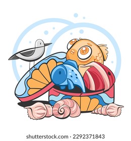 Vector illustration of a collage on the marine theme of shells, starfish, jellyfish, etc. in a cartoon style.