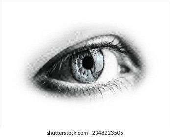 Vector illustration collage of the open eye tells a story of unexpected wonder, the eye unveils its surprised gaze, Vector halftone human eye.