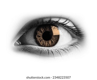 El collage de ilustraciones vectoriales del ojo abierto cuenta una historia de asombro inesperado, el ojo descubre su mirada sorprendida, el ojo humano de medio tono vectorial.