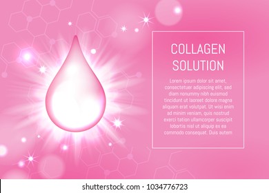 Vector illustration with collagen drop and bokeh lights on pink background. Cosmetic concept