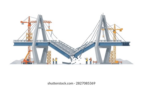 Vector illustration of a collapsed cable-stayed bridge with construction workers and cranes assessing the structural damage, isolated on white background.