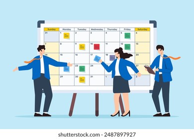 Ilustración vectorial de colegas que desarrollan calendario de contenido con notas adhesivas en la planificación editorial de pizarra