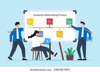 Vector illustration of colleagues planning customer onboarding process with sticky notes on whiteboard client user integration