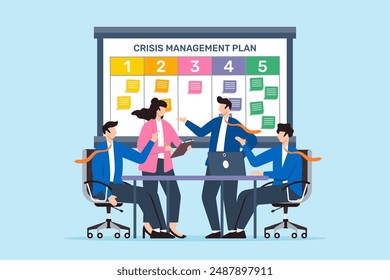 Vector illustration of colleagues preparing crisis management plan with sticky notes on whiteboard emergency response