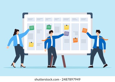 Ilustración vectorial de compañeros que utilizan notas rápidas para describir las fases del proyecto en la pizarra